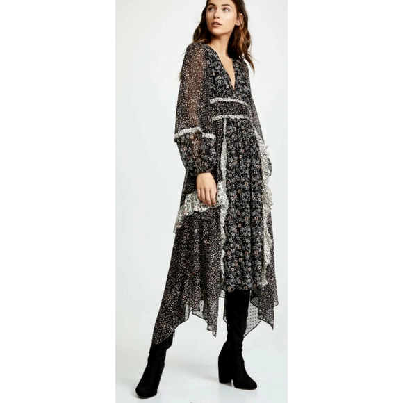 Ulla Johnson XS Primrose Dark Floral Silk Dress Boho Patchwork Long Sleeve 0 2 - Picture 3 of 12